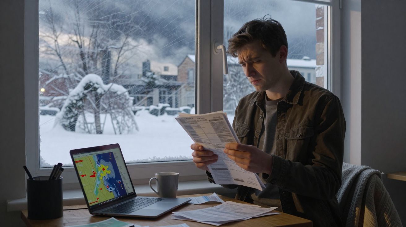 Homem lendo documentos em mesa com laptop e xícara, janela mostra paisagem nevada ao fundo.