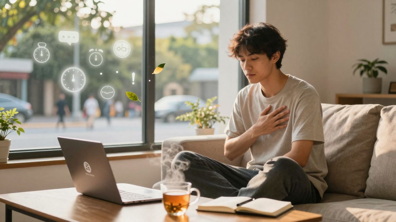 Homem sentado no sofá segurando o peito, com laptop, chá e caderno em mesa à sua frente.