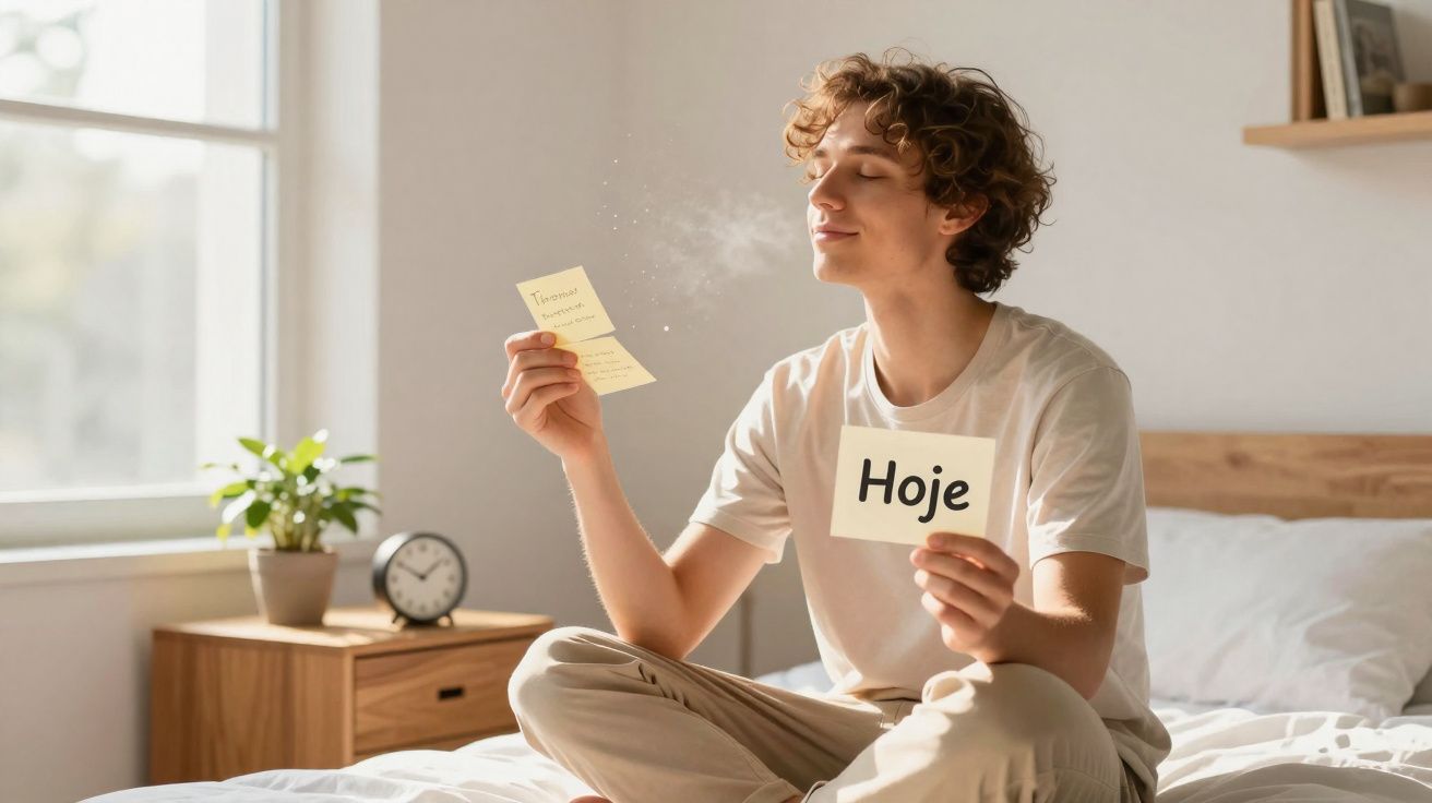 Jovem sentado na cama segurando cartões, um com a palavra "Hoje", com expressão de calma e olhos fechados.