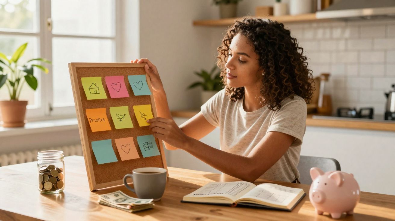 Mulher organizando lembretes coloridos em quadro de cortiça em mesa com caderno, café, dinheiro e cofrinho rosa.