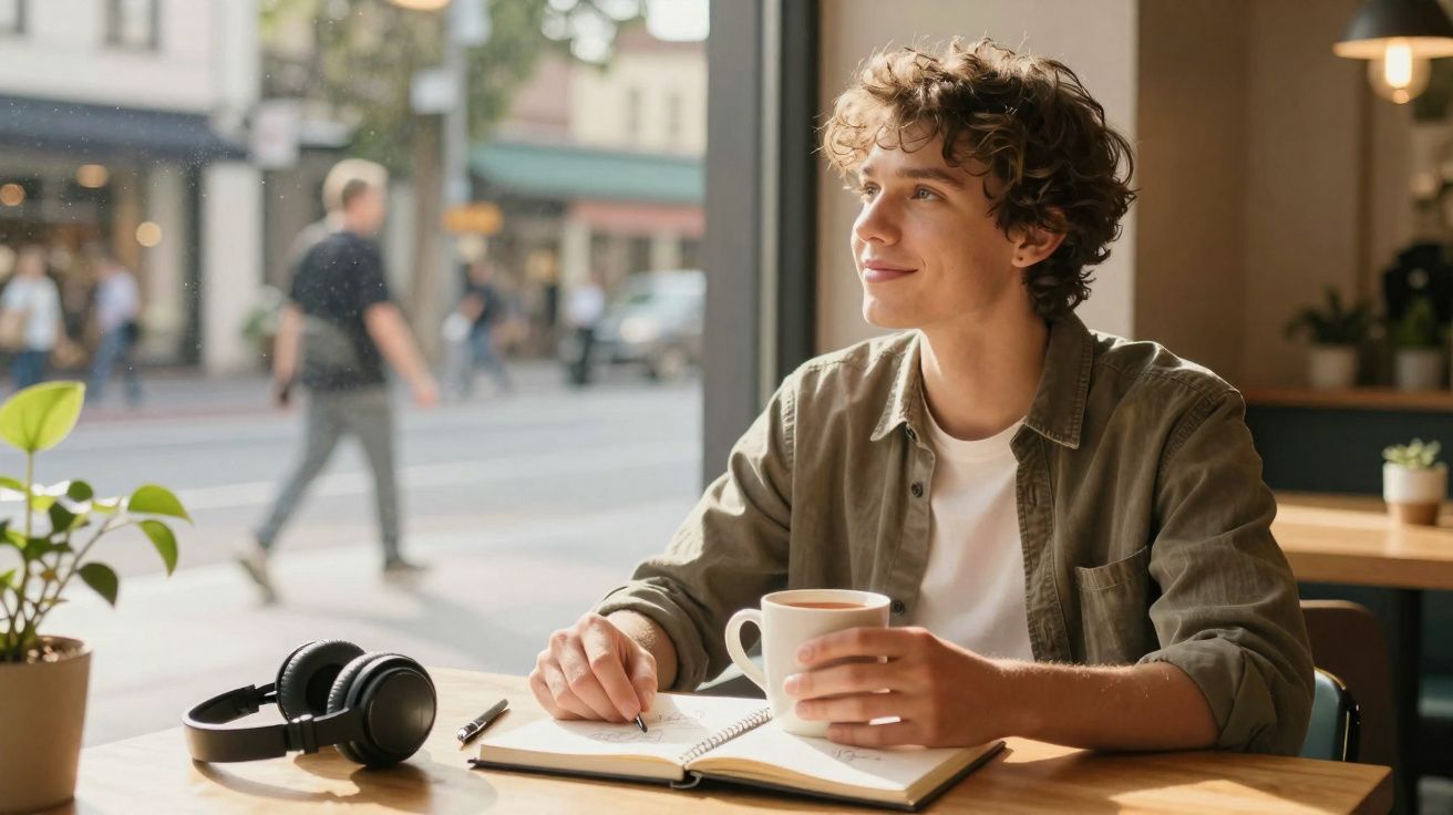 Jovem sorridente segurando xícara e escrevendo em caderno, sentado em cafeteria perto da janela.