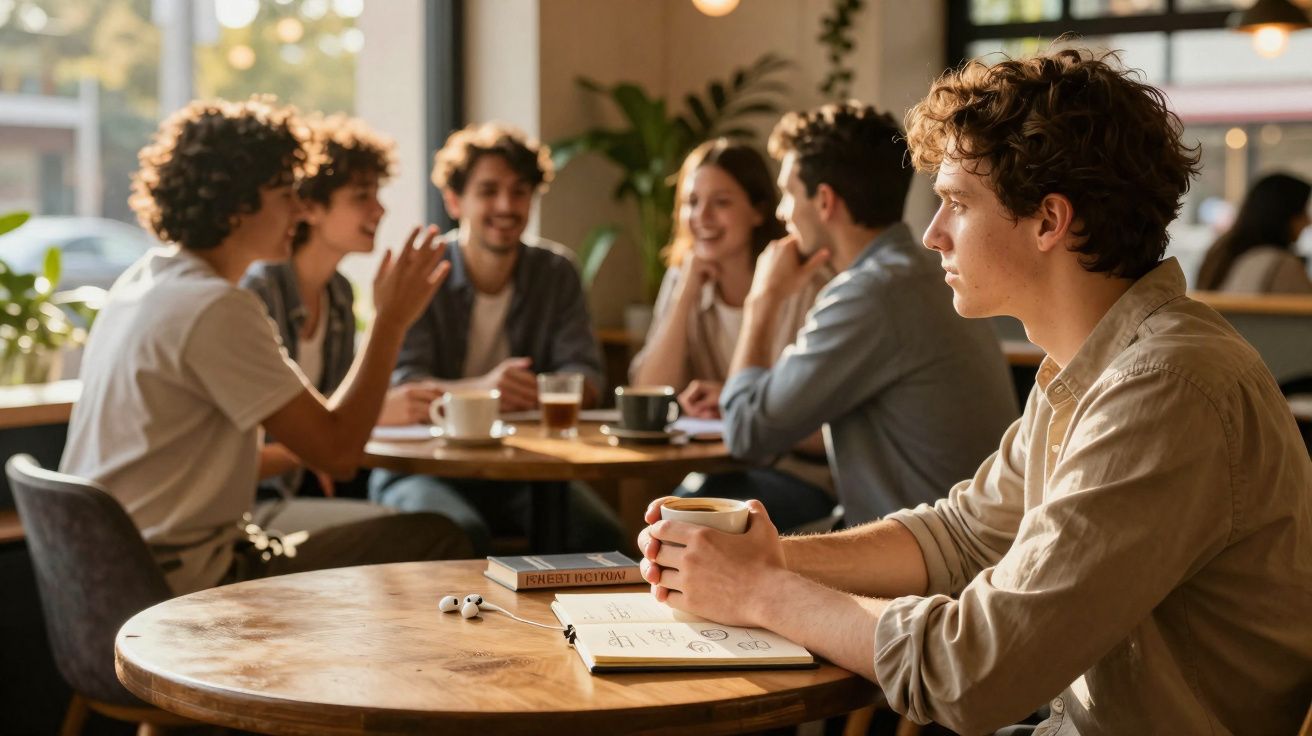 Jovem sentado sozinho em café segurando xícara, enquanto grupo de amigos conversa ao fundo.