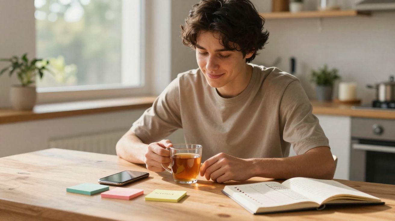 Jovem sentado à mesa segurando uma xícara de chá com caderno, celular e blocos de anotação à frente.