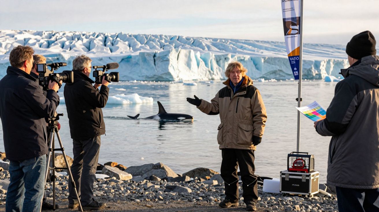 Equipe de filmagem grava jornalista em área gelada com orcas nadando próximo a uma geleira ao fundo.