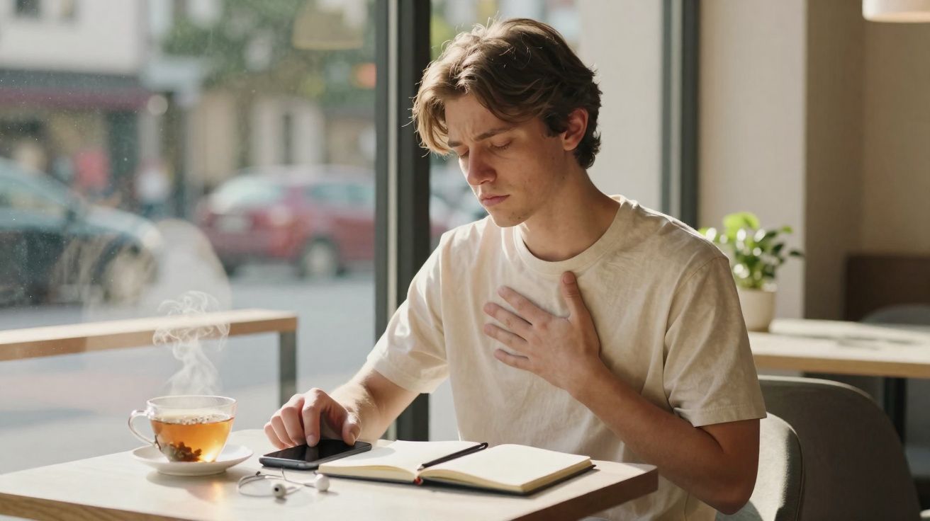 Homem sentado em café com um copo de chá quente, sentindo dor no peito enquanto olha seu celular.