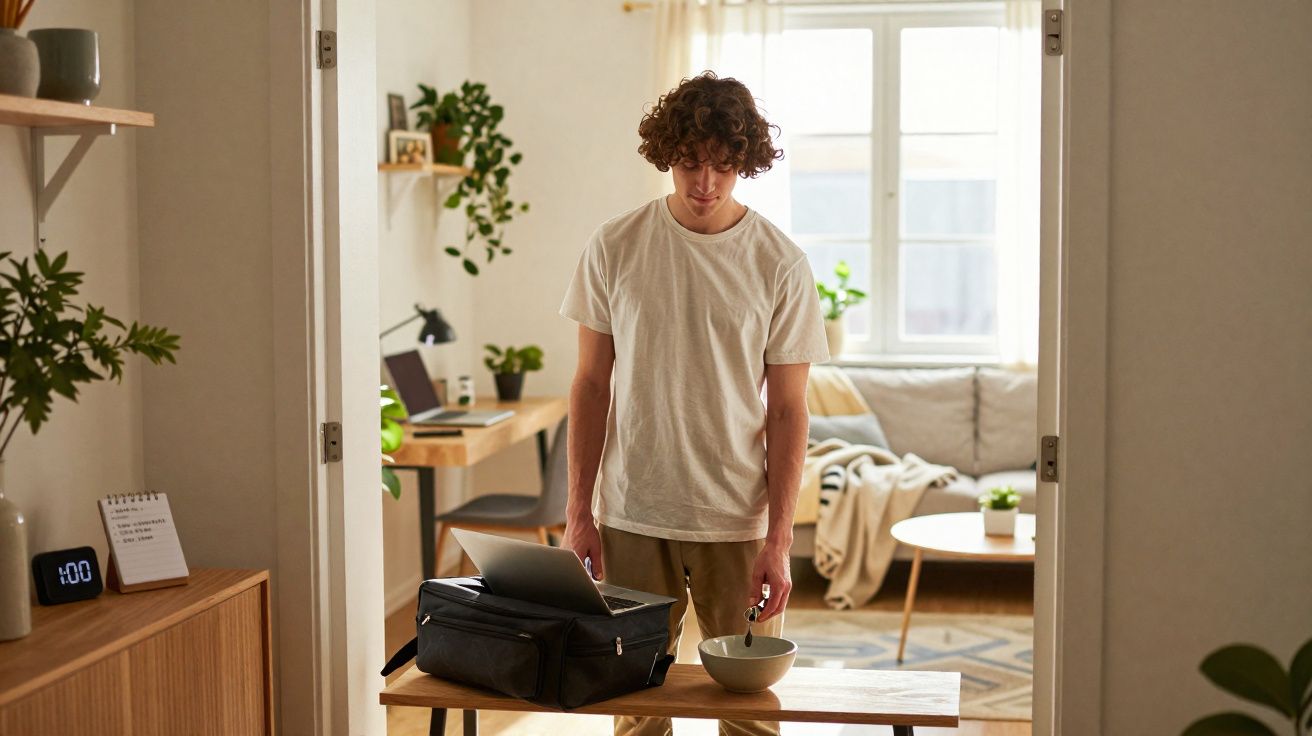 Homem jovem com camiseta branca em cozinha, olhando para tigela enquanto prepara refeição perto do computador.