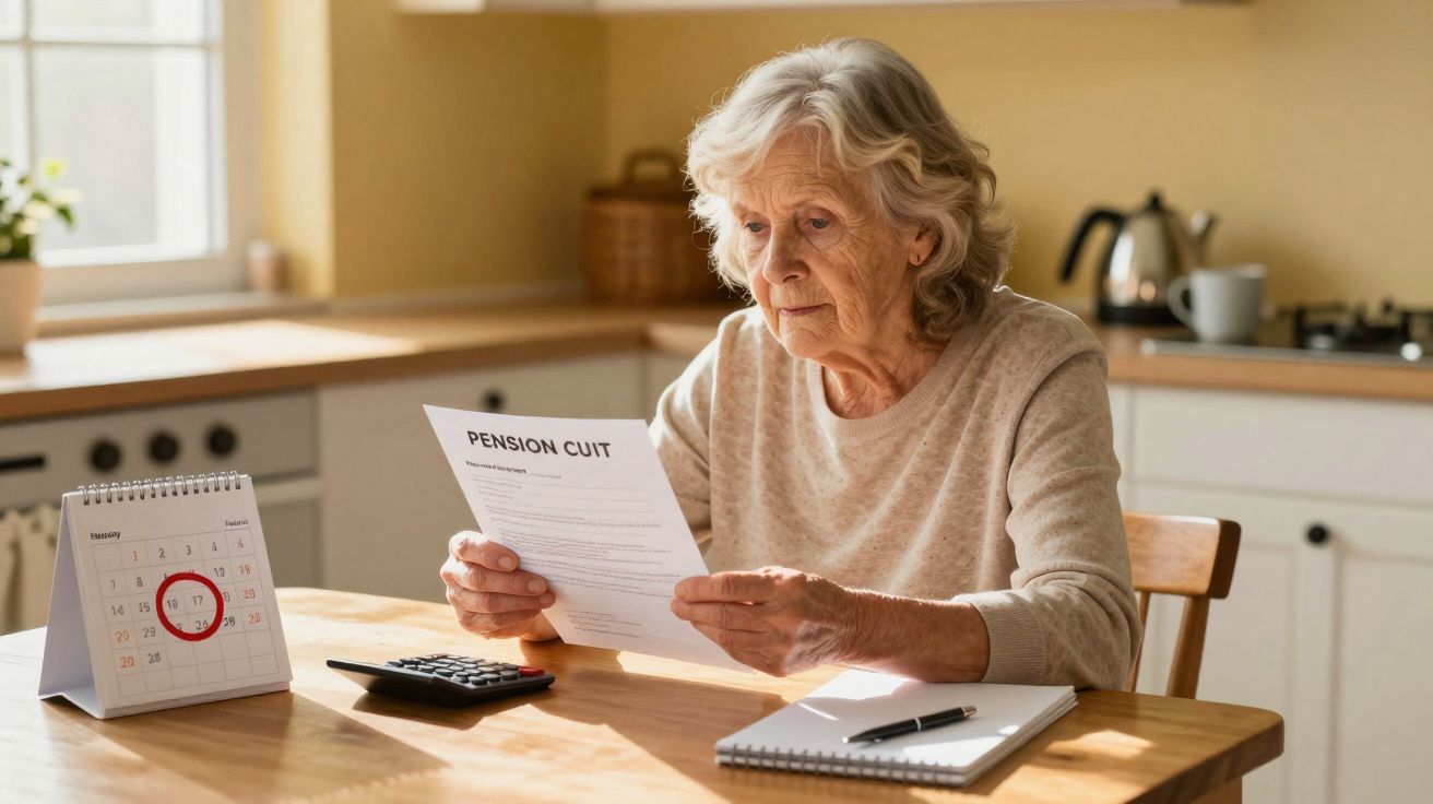 Mulher idosa sentada à mesa, analisando documento financeiro com calendário e calculadora ao lado.
