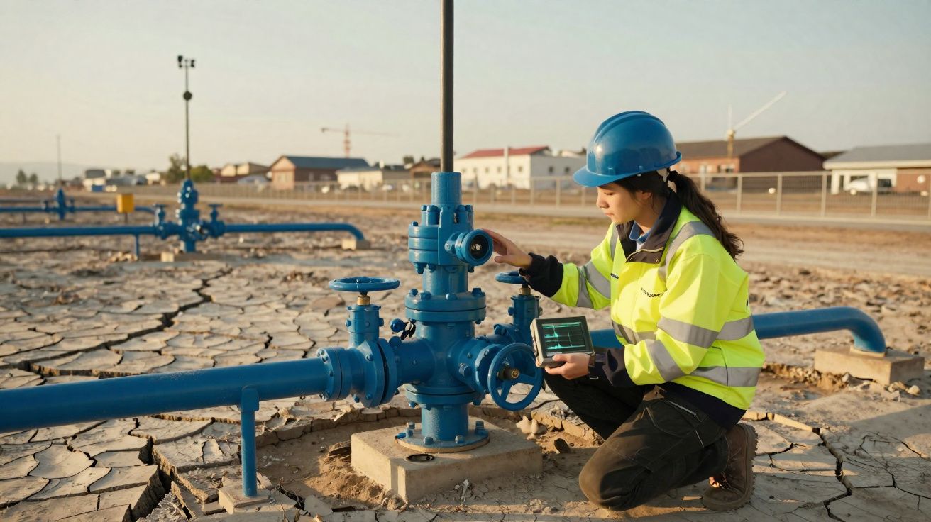 Mulher com capacete e colete de segurança verifica válvula em campo seco e rachado em estação de gás.