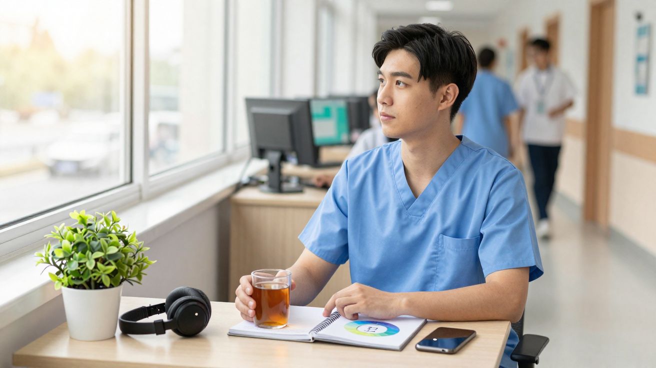 Jovem profissional de saúde em uniforme azul segurando copo com chá, sentado em mesa com caderno e celular.