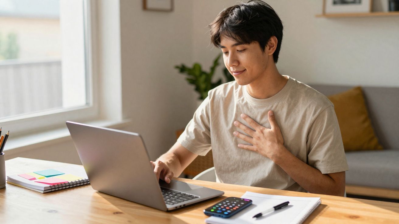 Homem jovem sorrindo e fazendo gesto de gratidão enquanto usa laptop em mesa com caderno e calculadora.