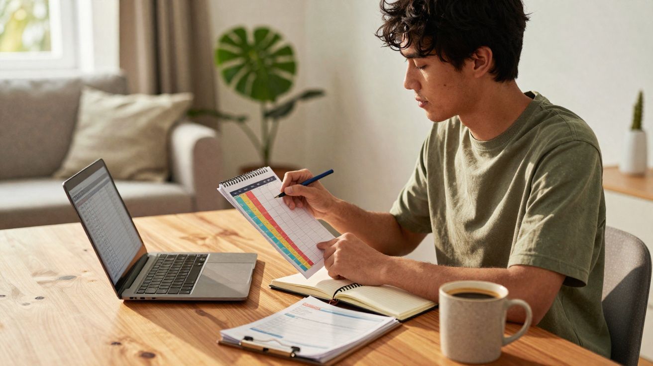 Jovem sentado em mesa de madeira, analisando gráfico em prancheta com laptop e xícara de café à frente.