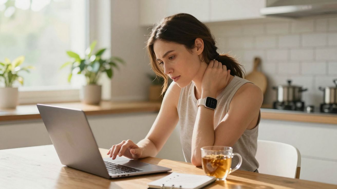 Mulher sentada à mesa da cozinha, usando laptop e com xícara de chá transparente ao lado.