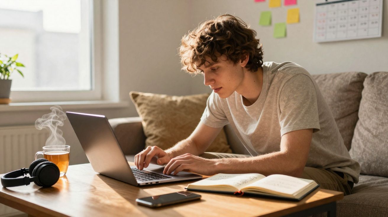 Jovem sentado no sofá usando laptop, com livro aberto, celular, fones e xícara de chá na mesa de madeira.