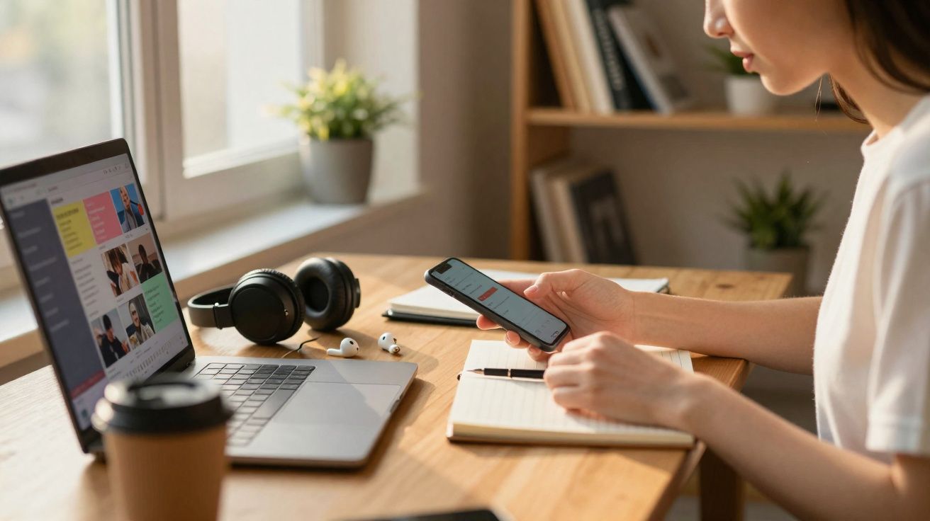 Pessoa mexendo no celular com notebook, fones de ouvido e caderno em mesa de madeira perto da janela.