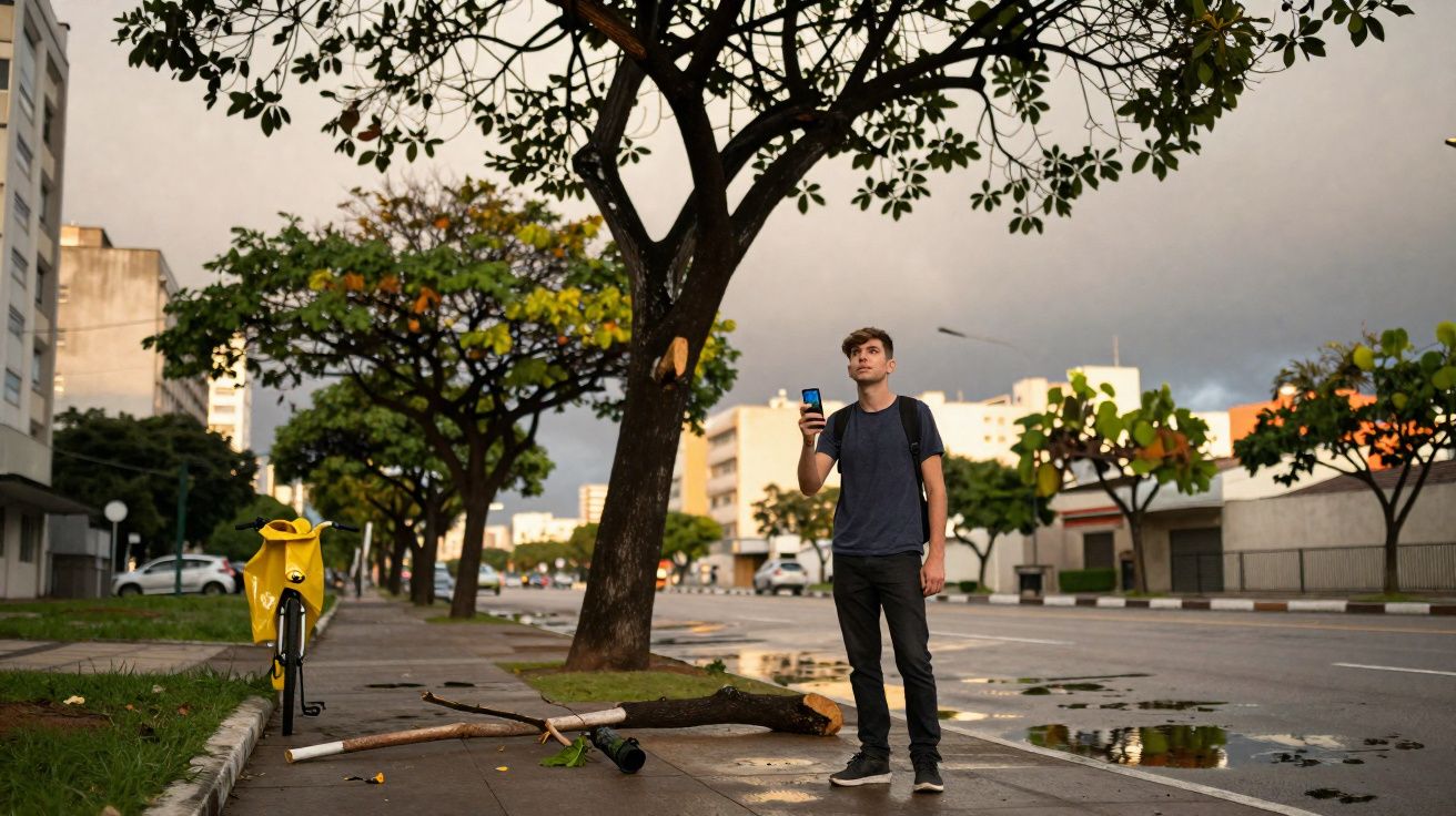 Jovem parado na calçada de rua urbana ao lado de árvore caída em dia nublado, segurando celular.