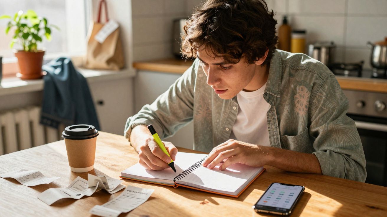 Jovem sentado à mesa escrevendo em caderno com caneca, recibos e celular ao redor em ambiente de cozinha.