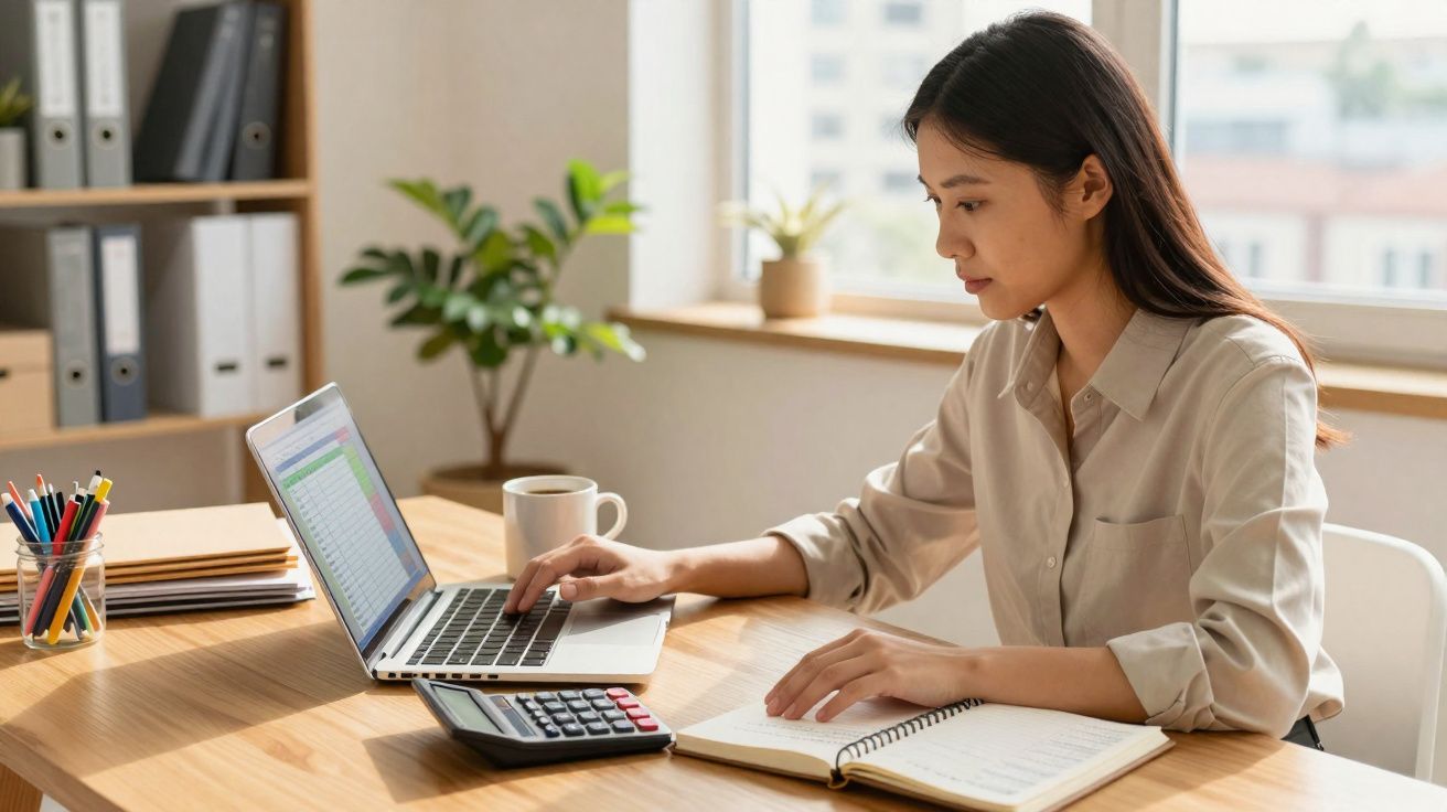 Mulher concentrada usando laptop e calculadora em mesa de escritório com cadernos e canetas.