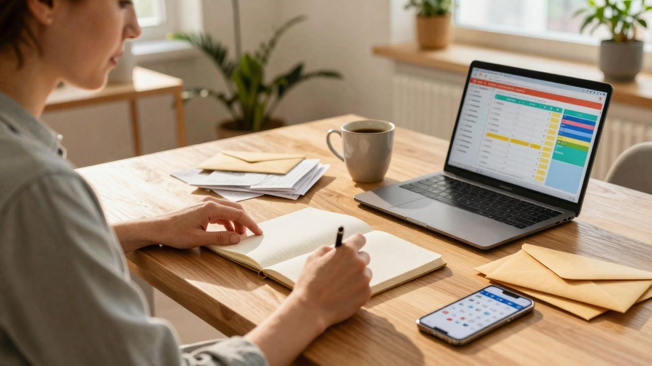 Pessoa escrevendo em caderno próximo a laptop com planilha aberta, celular e xícara sobre mesa de madeira.