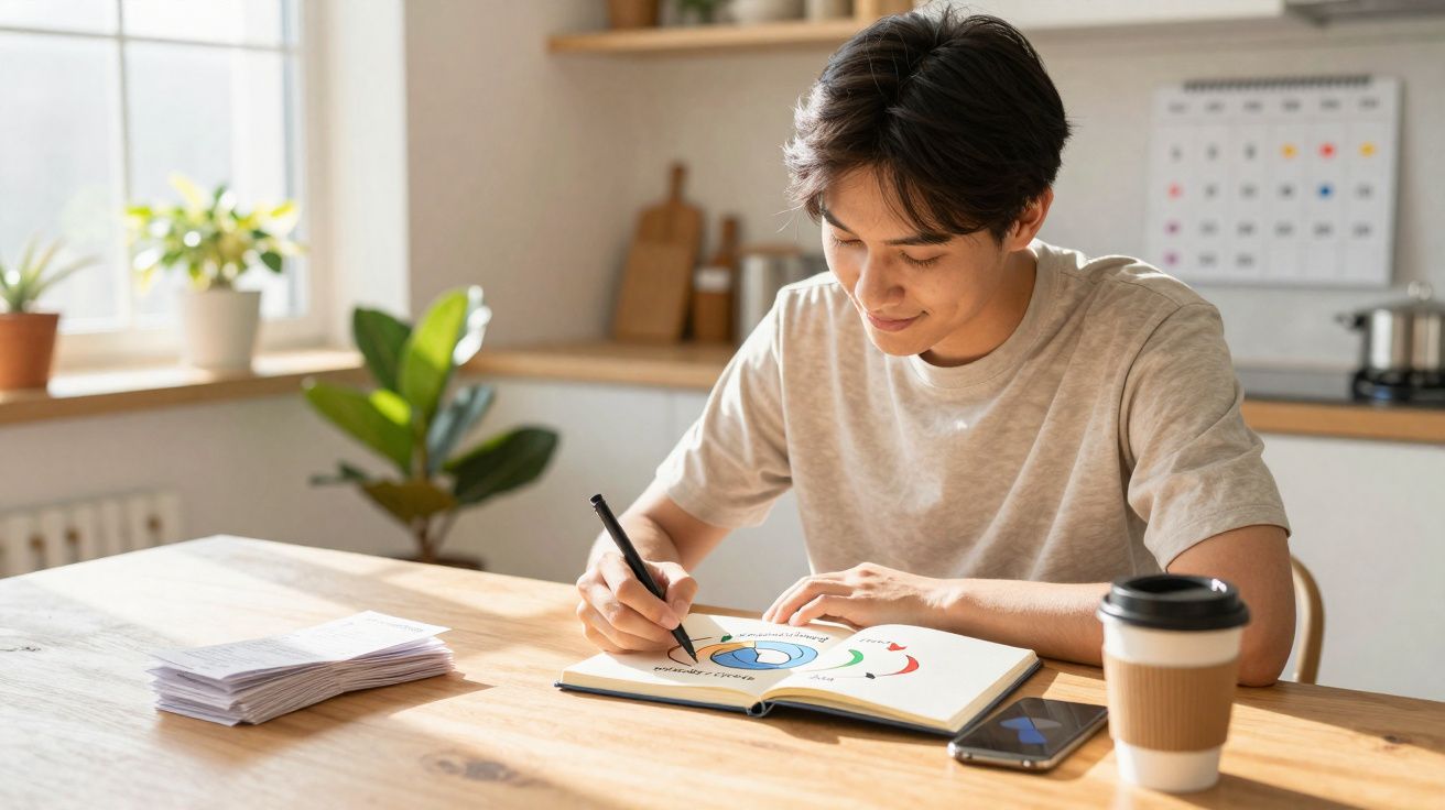 Jovem desenhando gráficos coloridos em caderno, sentado à mesa com café e celular ao lado.