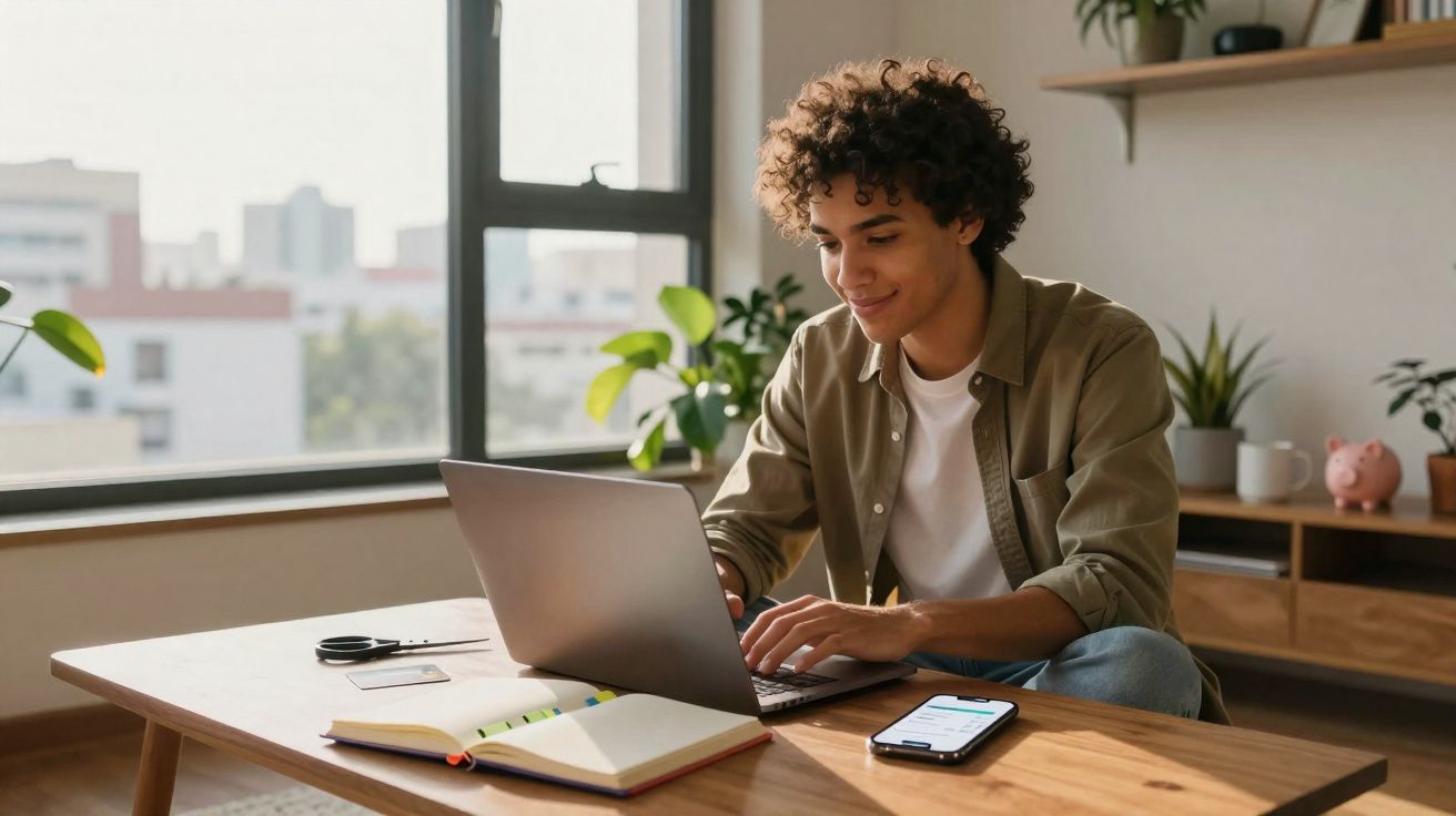 Jovem sentado à mesa usando laptop, com caderno aberto e celular ao lado em ambiente claro e decorado.