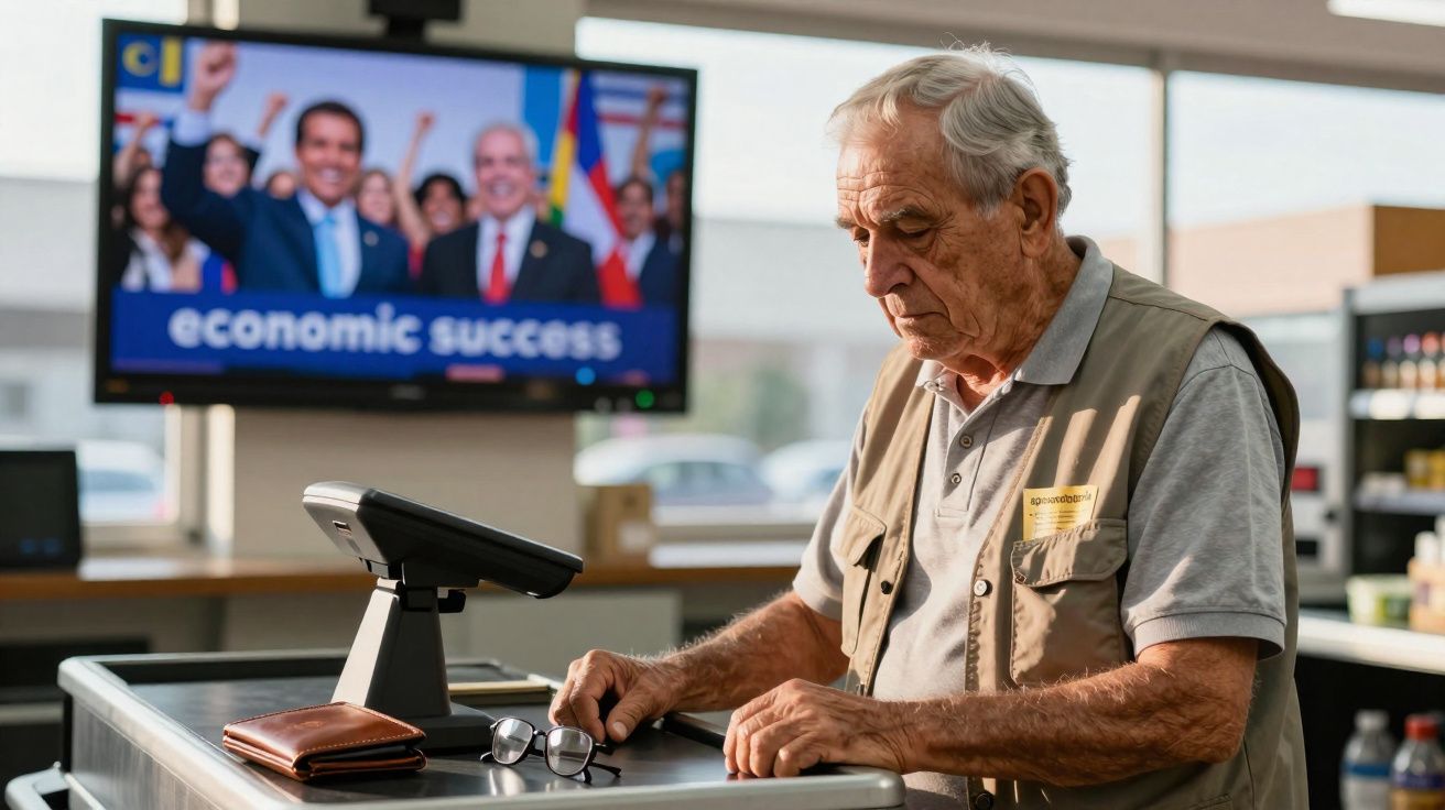 Homem idoso com expressão séria próximo a mesa com carteira e óculos, com TV ao fundo exibindo sucesso econômico.