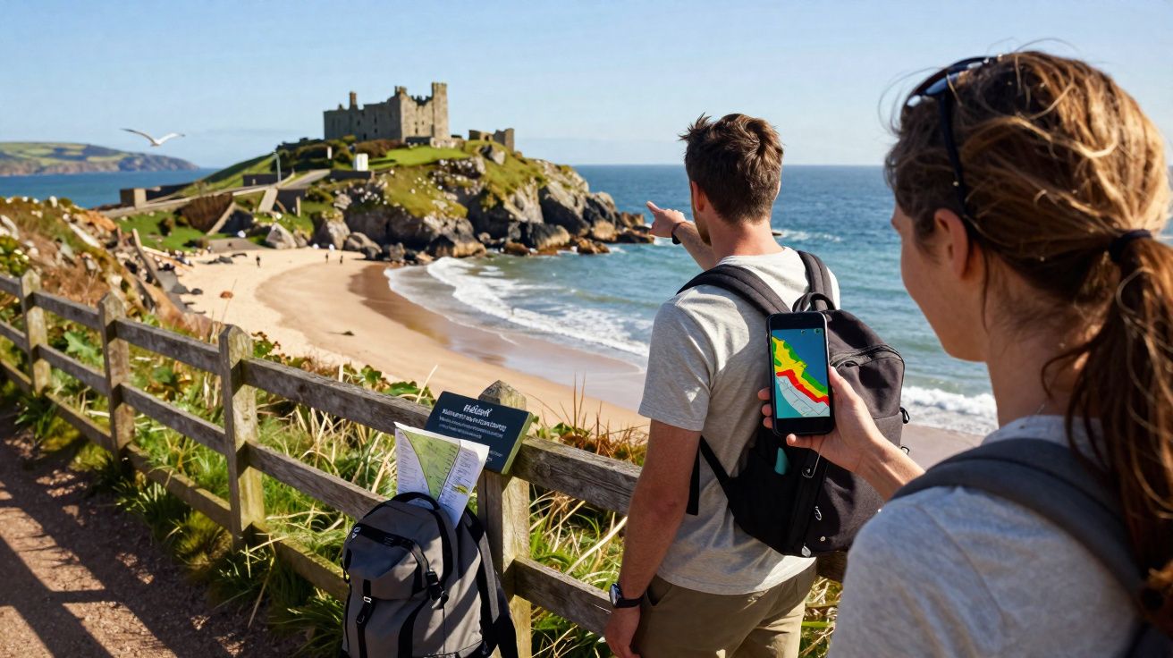 Casal com mochilas na praia olhando para castelo em península rochosa sob céu azul.