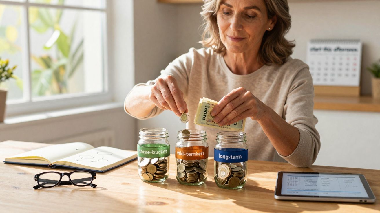 Mulher organizando moedas em potes de vidro rotulados para economizar dinheiro em três categorias.