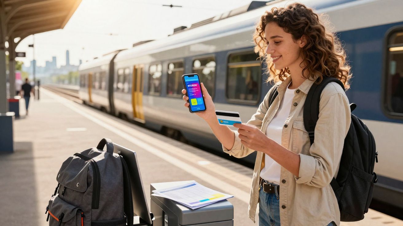 Mulher sorridente com mochila segura cartão e celular na plataforma de trem com trem ao fundo.