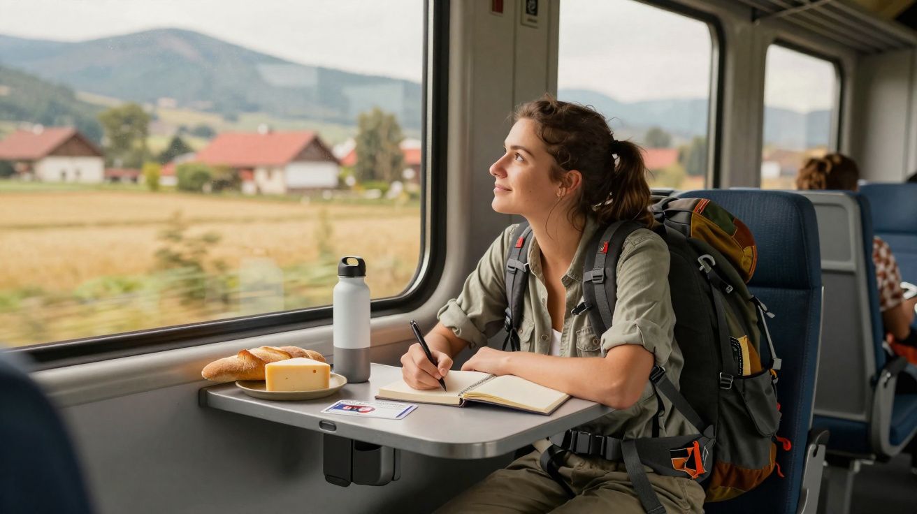 Mulher com mochila escrevendo em caderno no trem, olhando pela janela para paisagem rural.