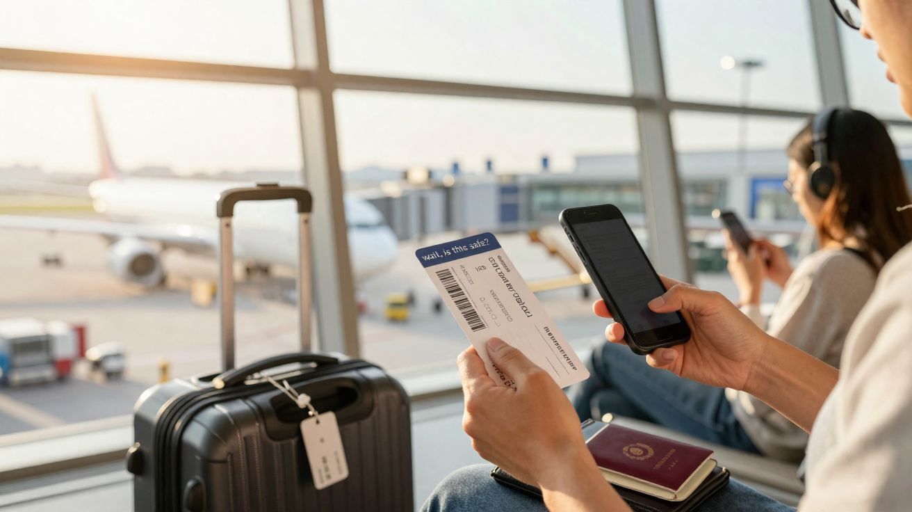 Pessoa segurando celular e cartão de embarque com mala e avião ao fundo em aeroporto.