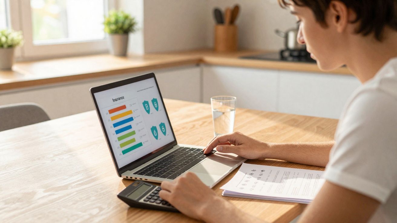 Pessoa usando laptop com gráficos e calculadora sobre mesa de madeira clara em cozinha iluminada.