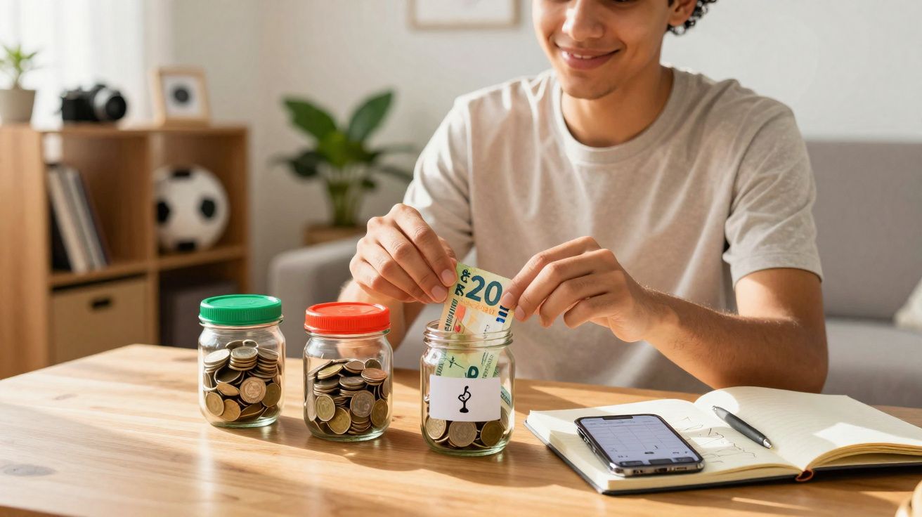 Jovem guardando dinheiro em potes com moedas e cédulas, com celular e caderno sobre mesa de madeira.
