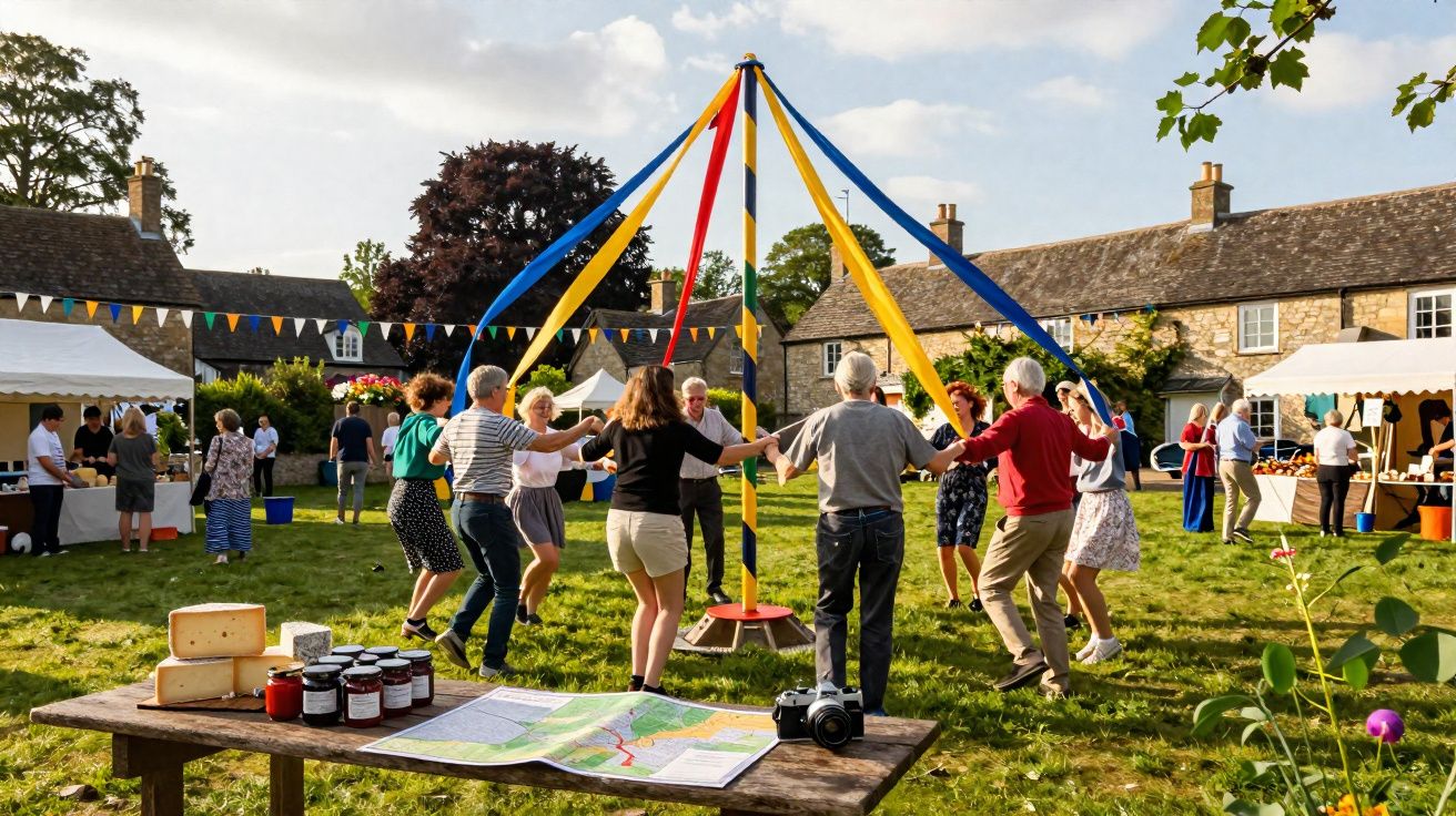 Grupo de pessoas dançando ao redor de mastro decorado com fitas coloridas em festa ao ar livre.