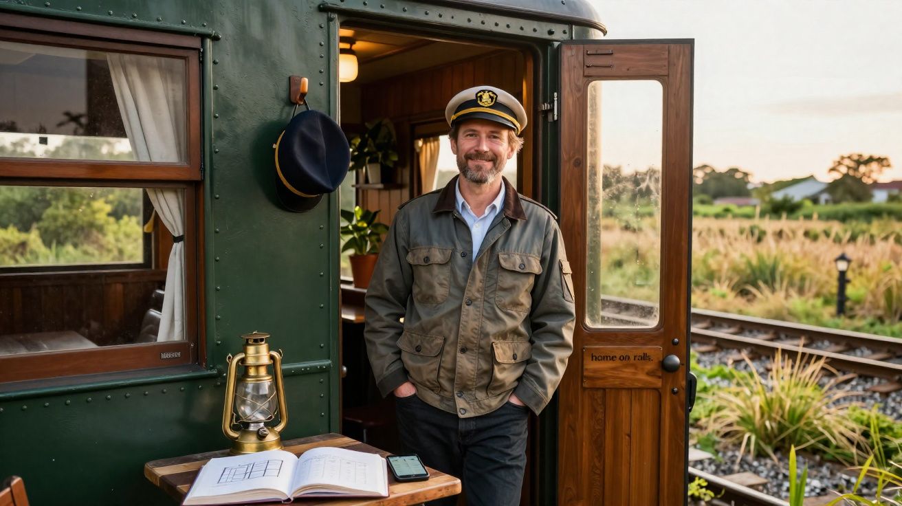 Homem vestido de maquinista em pé na porta de um vagão verde de trem com trilhos ao fundo