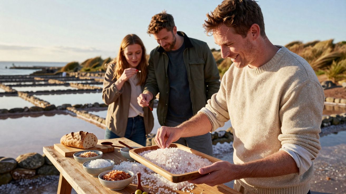 Três pessoas degustando diferentes tipos de sal em uma mesa ao ar livre próxima a salinas.