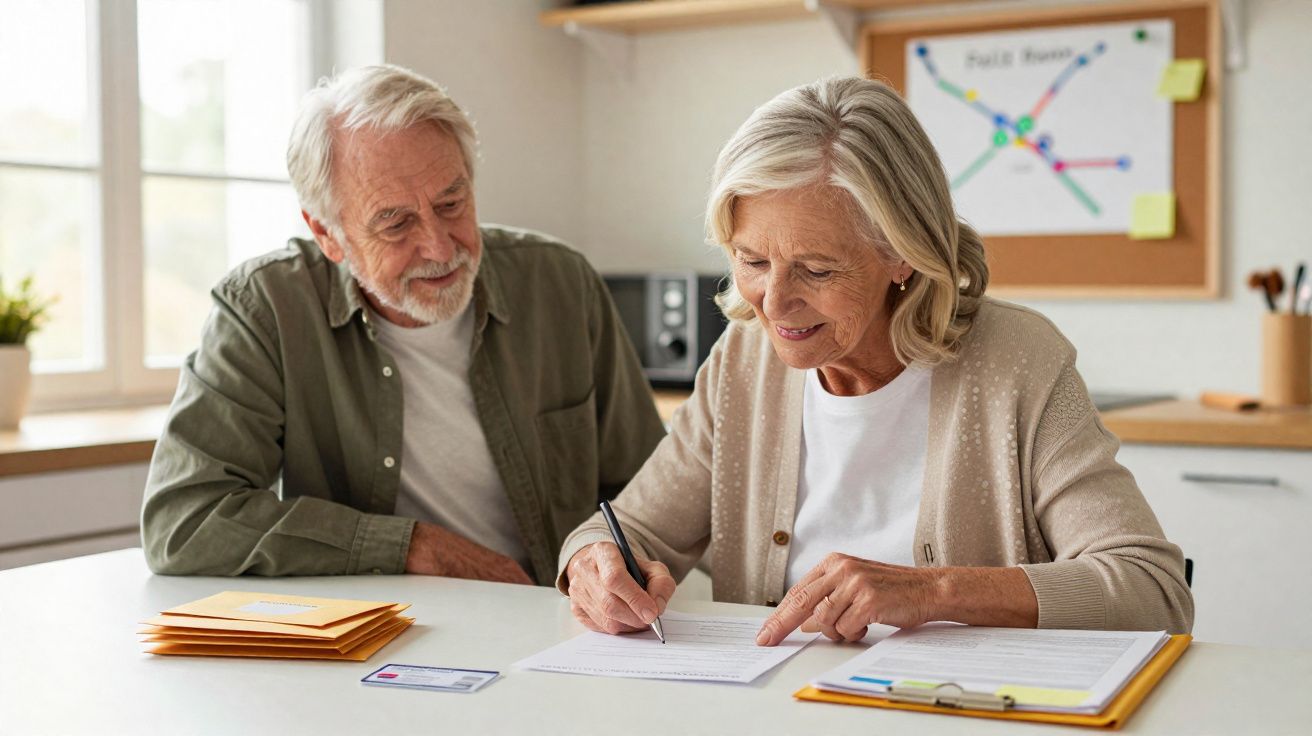Casal idoso sentado à mesa preenchendo documentos junto em ambiente iluminado e organizado.