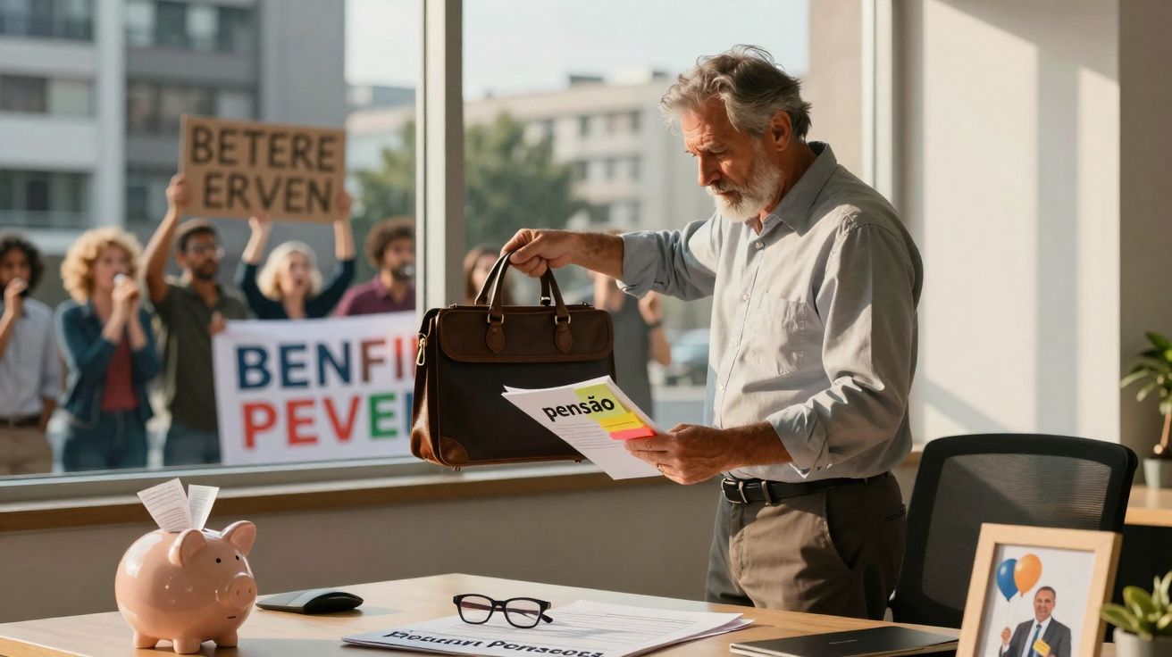 Homem idoso com documento de pensão em escritório, com grupo protestando do lado de fora.