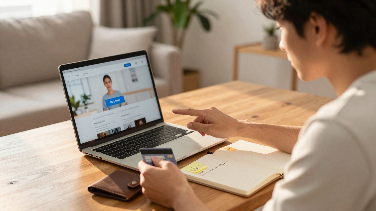Pessoa fazendo compra online no laptop segurando cartão de crédito e consultando agenda na mesa.