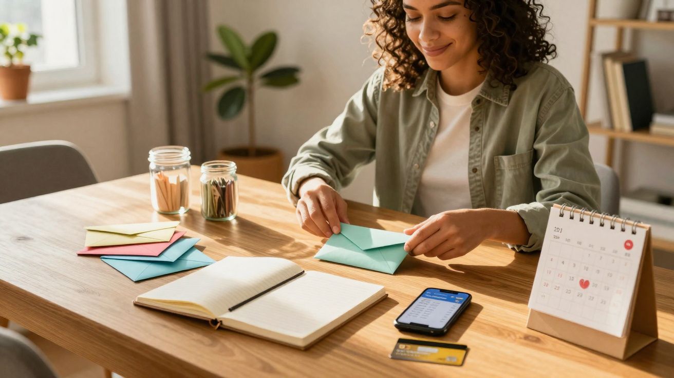 Mulher sorrindo organiza envelopes coloridos em mesa com agenda, celular e cartão de crédito.