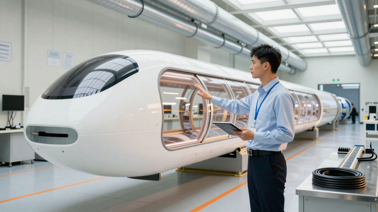 Engenheiro inspeciona protótipo de cápsula futurista de transporte em laboratório moderno.