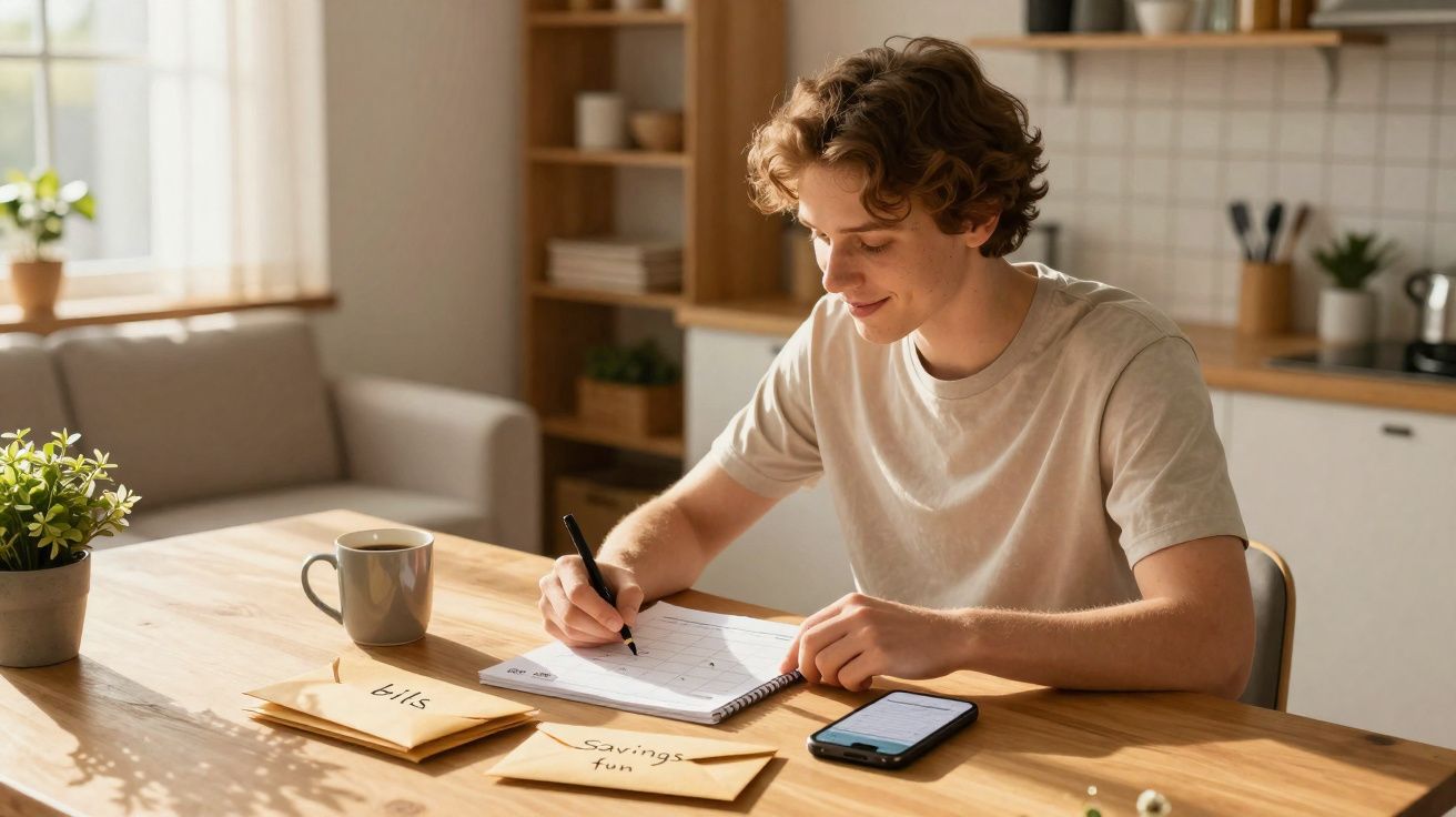 Jovem sentado à mesa escrevendo em caderno com envelopes, celular e caneca ao redor.