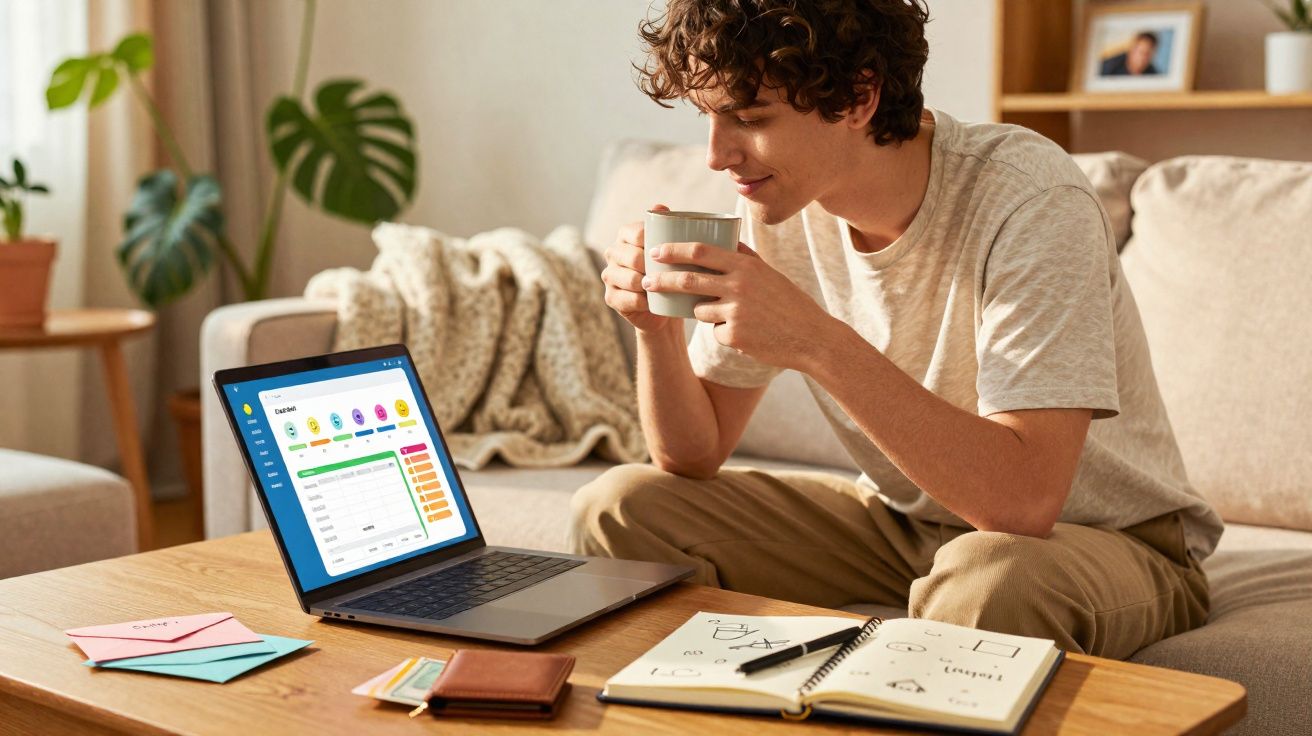 Jovem sentado no sofá com caneca, notebook aberto em mesa de madeira e caderno com anotações.