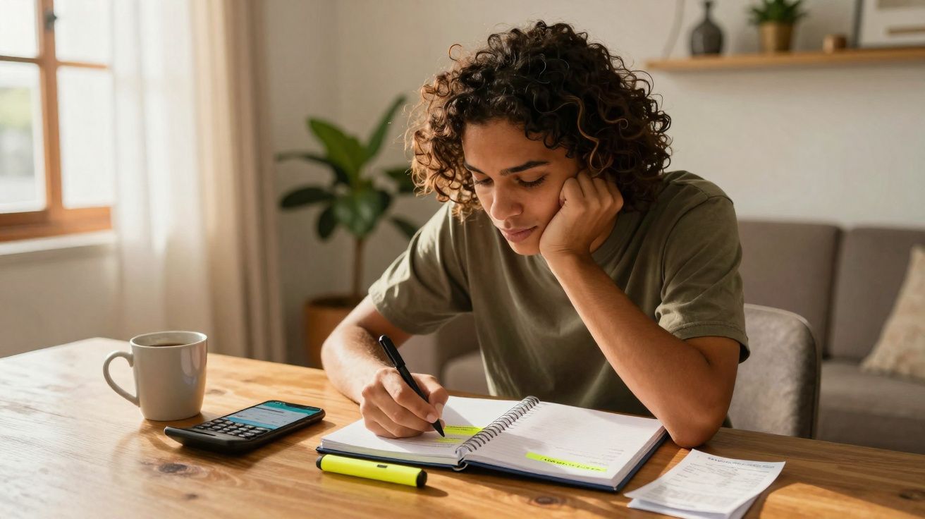 Pessoa jovem escrevendo em caderno com caneta preta, ao lado de calculadora e xícara em mesa de madeira.