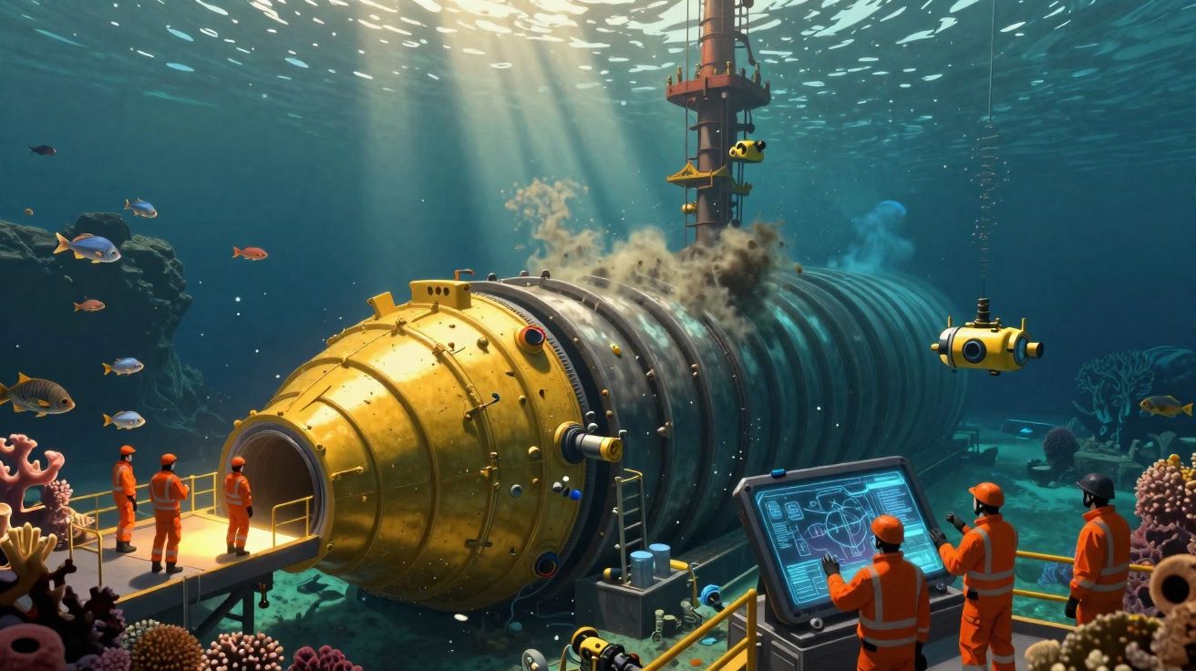 Equipe em traje laranja opera túnel subaquático metálico amarelo com robôs e peixes ao redor, com luz solar entrando na água.
