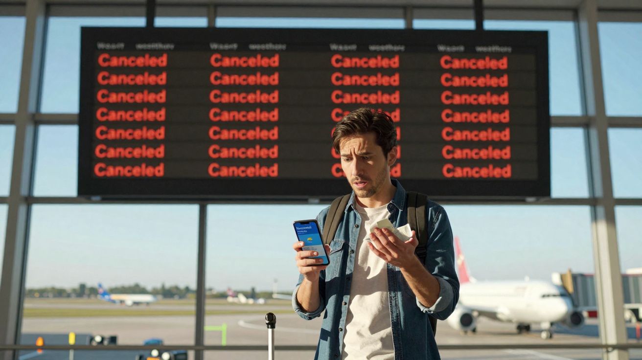 Homem preocupado no aeroporto olhando celular com painel de voos cancelados ao fundo.