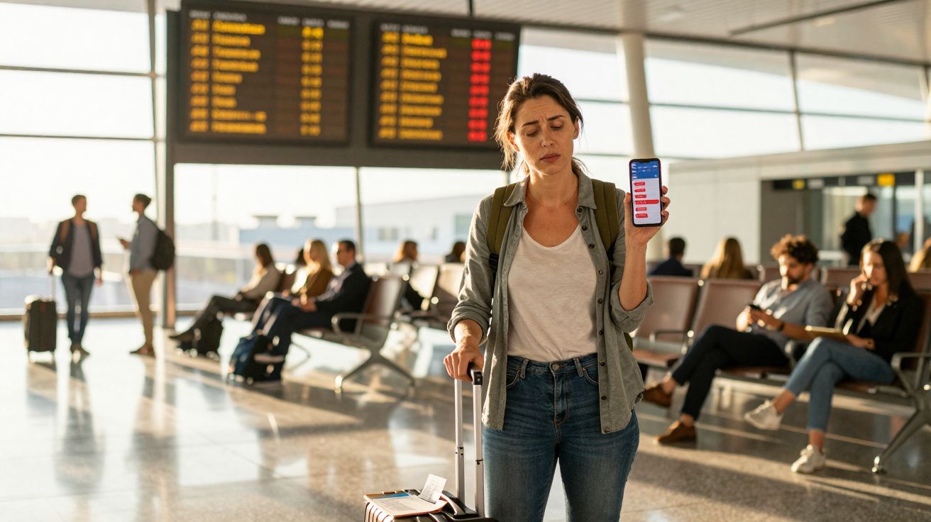 Mulher preocupada no aeroporto mostrando no celular que seu voo está cancelado.