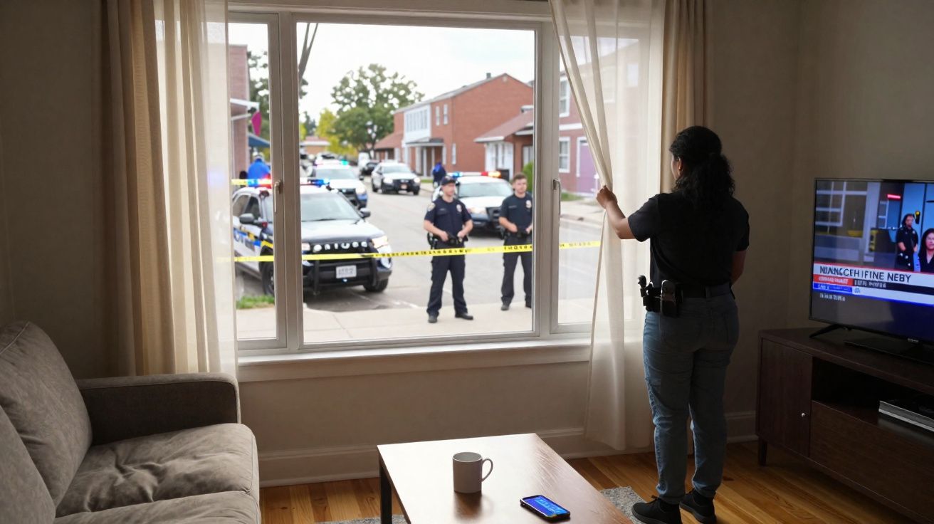 Mulher observa pela janela policiais isolando cena de investigação em bairro residencial.