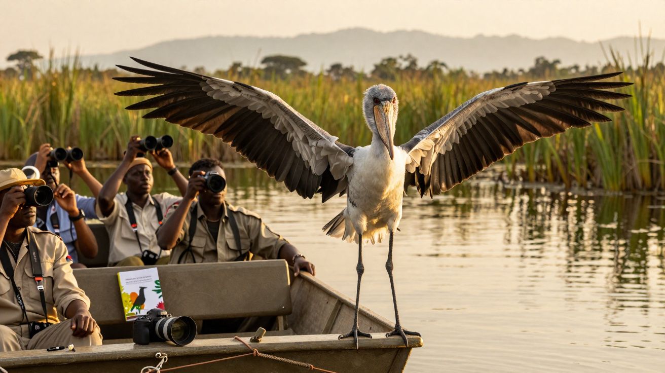 Pássaro com asas abertas pousado na frente de barco com pessoas observando e fotografando em área de preservação.