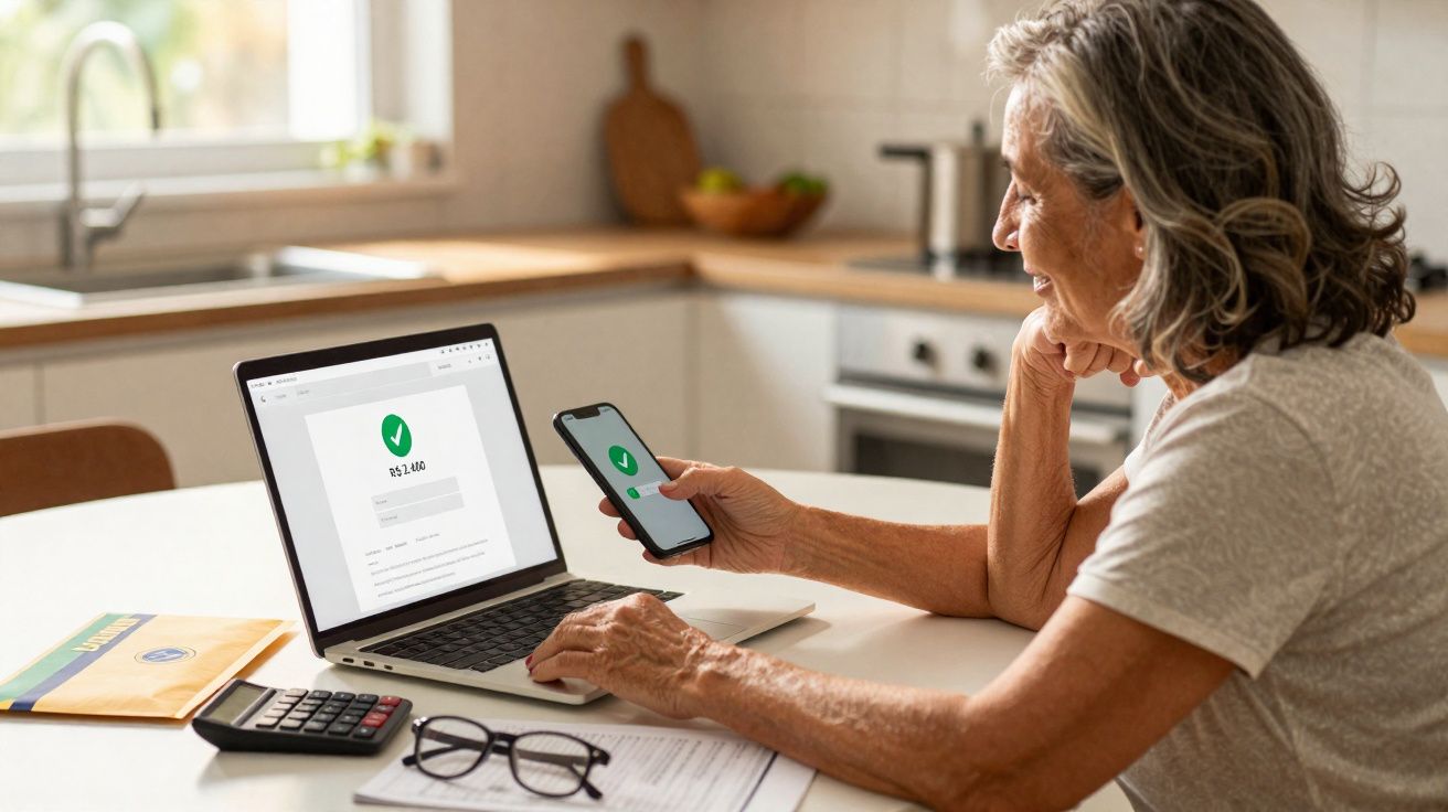 Mulher idosa sentada em mesa, conferindo pagamento aprovado no celular e computador.