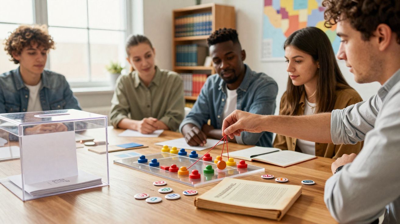 Jovens reunidos jogando e discutindo estratégia em volta de mesa com peças coloridas e livro aberto.